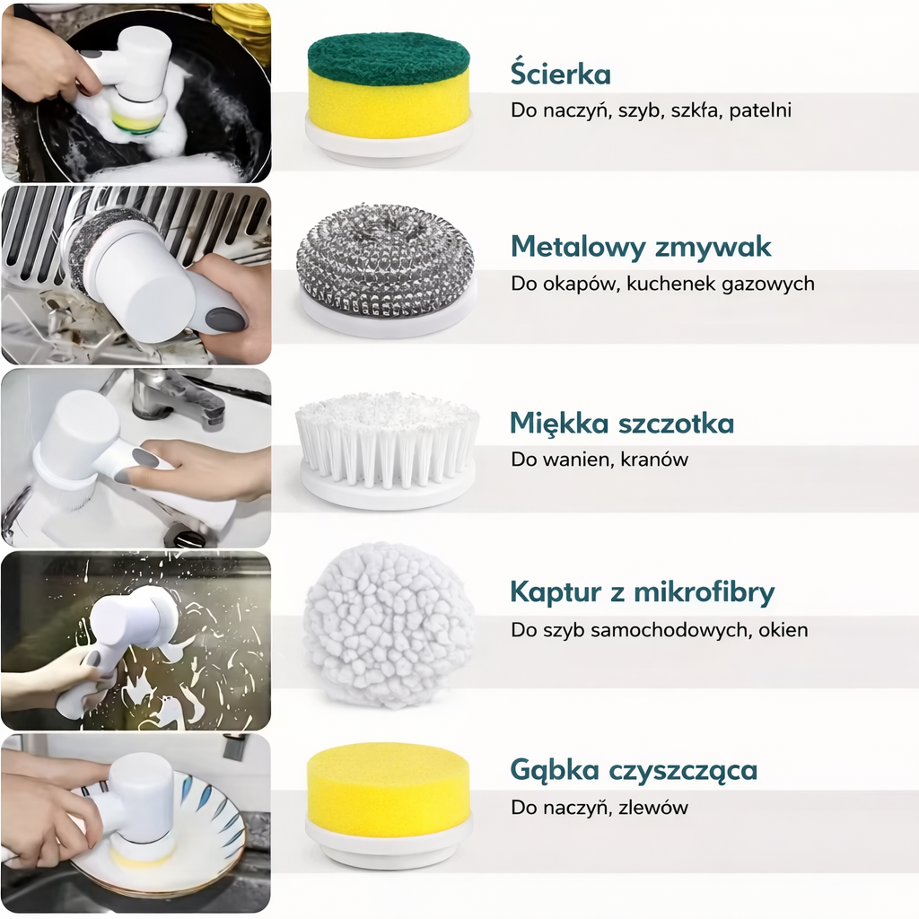 Elektryczna szczotka czyszcząca akumulatorowa 350 RPM – 5 końcówek | Do kuchni, łazienki, szyb